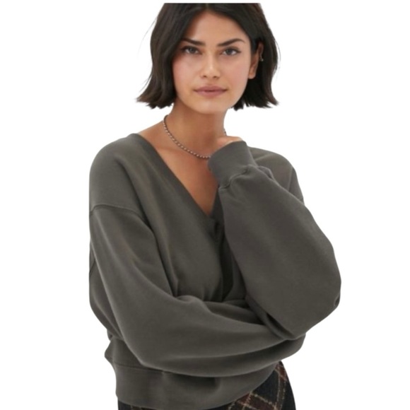 Agolde Low V-Neck Cotton Terry Sweatshirt Green Size XS - Picture 1 of 11